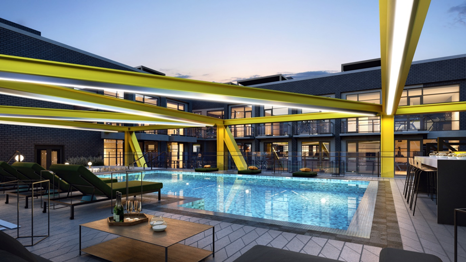 Área de lazer deslumbrante do Diesel Wynwood em Miami, exibindo uma piscina moderna e espaçosa com design sofisticado, refletindo o estilo de vida luxuoso e vibrante do bairro artístico de Wynwood.